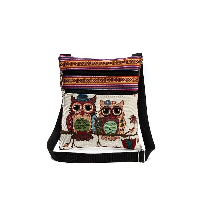 Casual Adjustable Portable Embroidered Owl Print Shoulder Bag