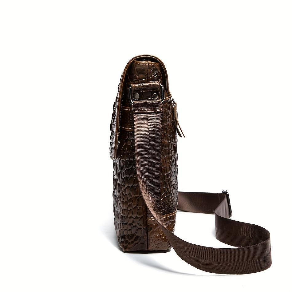 Men's Crocodile Pattern Genuine Leather Shoulder Bag, Casual Crossbody Bag For Work Commuting, Business Bag Fashion Vertical Satchels