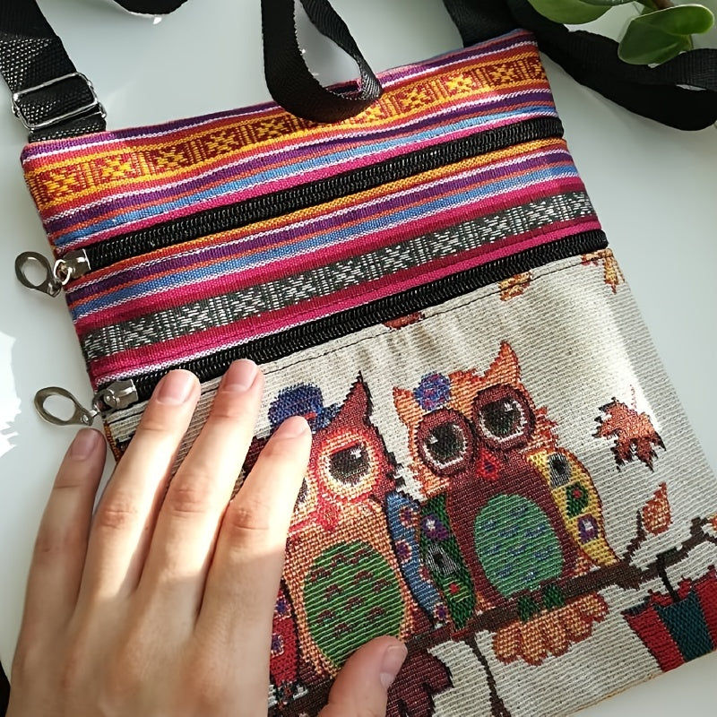 Casual Adjustable Portable Embroidered Owl Print Shoulder Bag