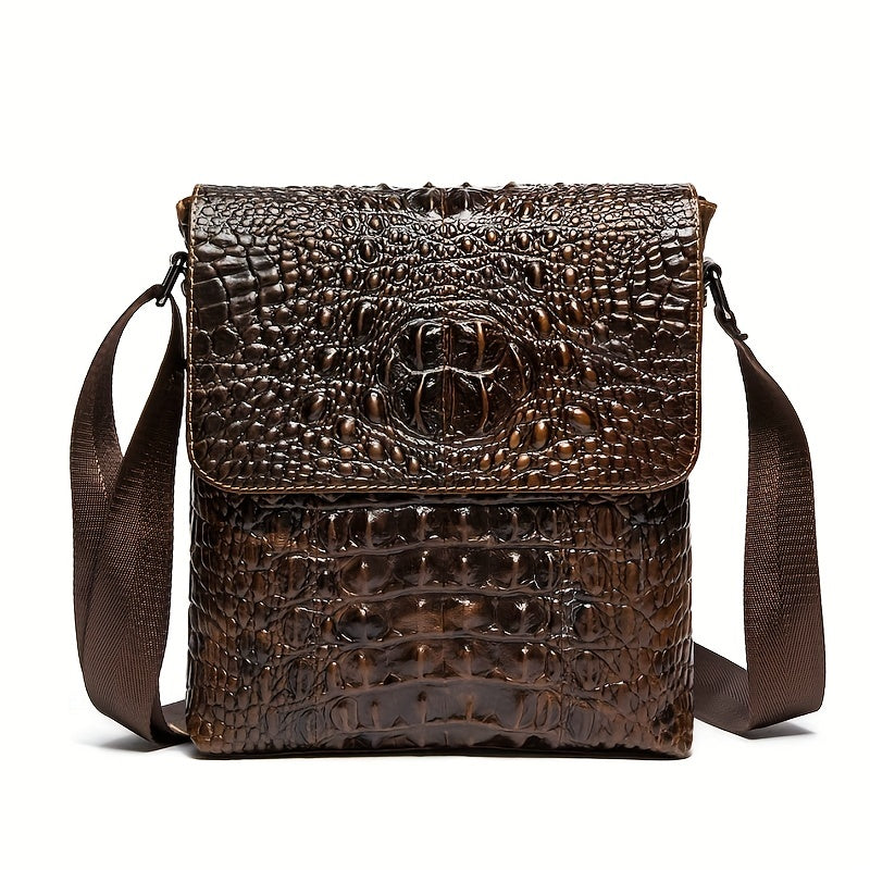Men's Crocodile Pattern Genuine Leather Shoulder Bag, Casual Crossbody Bag For Work Commuting, Business Bag Fashion Vertical Satchels